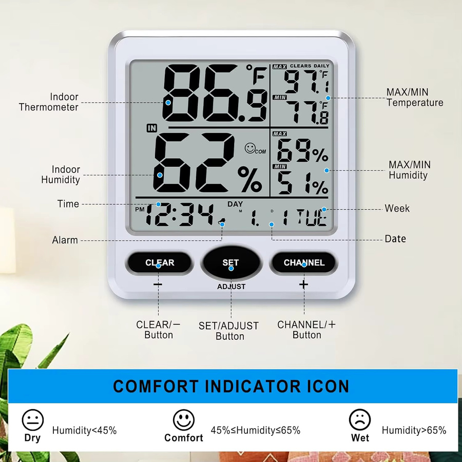 Urageuxy Smart Indoor Digitales Thermometer und Hygrometer in Weiß mit Echtzeit-Temperatur-Feuchtigkeitsmonitor, Alarmfunktion und Max/Min-Aufzeichnung - Bild 5