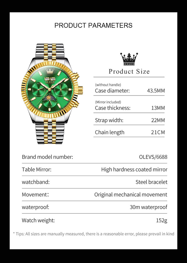 OLEVS Armbanduhr, Automatik, Gold, Edelstahl, Mondphase, Herren - Bild 5