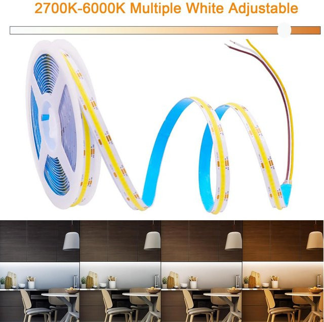 YSRSAI COB LED Streifen dimmbar CCT 2700K-6500K DC24V mit 608 LEDs/m für TV Hintergrundbeleuchtung und Schrankdeko in Weiß - Bild 1
