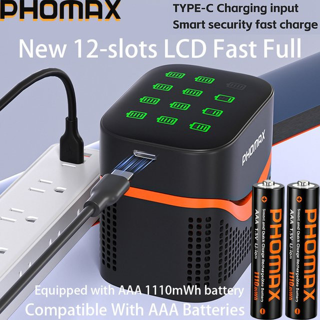 PHOMAX 12-Slot LCD Schnellladegerät mit wiederaufladbaren AA 4200mWh und AAA 1110mWh Lithium-Batterien in Schwarz - Bild 1