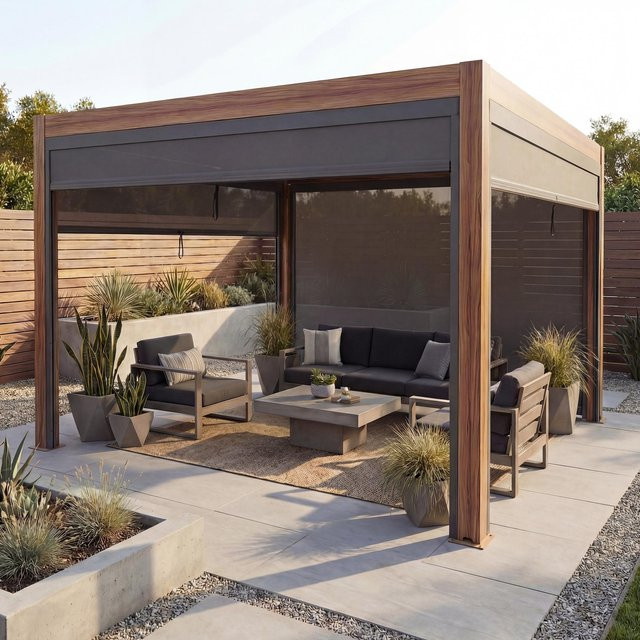 Pergola MCW-L46 Lamellen-Pavillon mit Seitenwand und Rollo, Alu-Gestell in Holzoptik, anthrazit, B/T: 400 x 300 cm - Bild 1