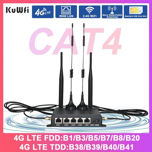 KuWFi CAT4 4G LTE Router mit 300 Mbit/s, 2,4 GHz WLAN, 4 abnehmbaren Antennen, WAN/LAN Ethernet-Port und AP-Repeater-Modus in Schwarz - Bild 1