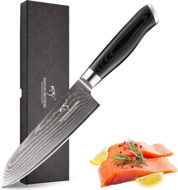 Katisun Santoku Messer aus Damast mit VG10 Klinge und Micarta Griff, 17,78 cm, Silber - Bild 1
