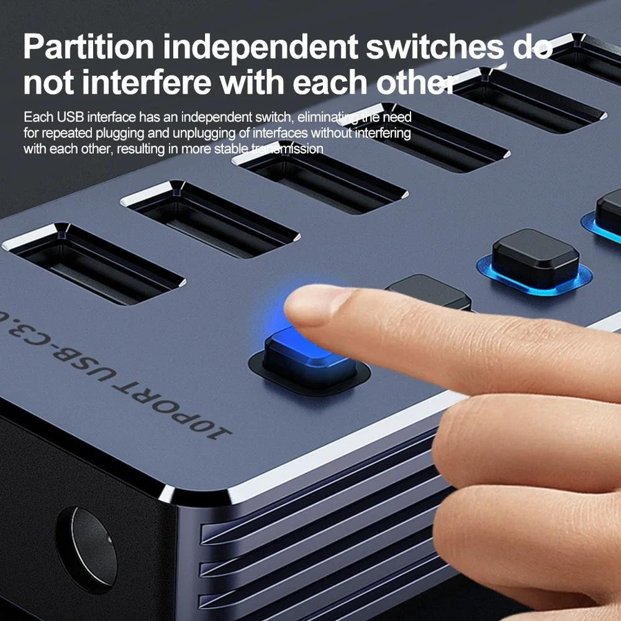 Meiteai USB 3.0 Hub 7-in-1 USB-A Splitter mit unabhängigen Schaltern und 12V Netzteil für PC, Laptop und Tablets - Bild 5