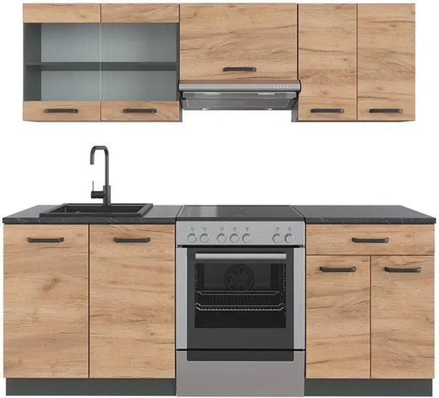 Vicco R-Line Küchenzeile Goldkraft Eiche Anthrazit mit Marmor-Optik Breite: 200 cm - Bild 1