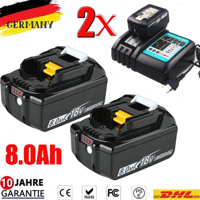 2er-Set Ersatzakku für Makita 18V Li-Ion Akku BL1860B BL1850B BL1830 mit 8,0 Ah in Schwarz - Bild 1