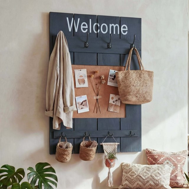 Wandgarderobe MCW C89 mit Pinnwand und 8 Haken in Dunkelgrau im Shabby-Look aus Paulowniaholz, B/H: 91 x 60 cm - Bild 3