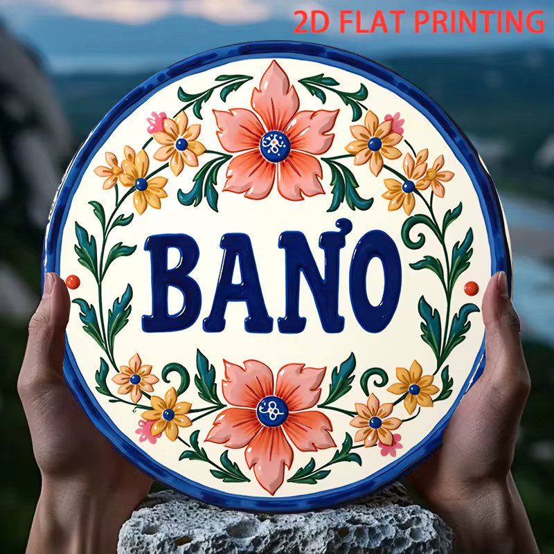 Rundes mexikanisches Talavera-Blechschild von Potdemiel mit blau-orangefarbenem Blumenmuster und Bano-Schriftzug, Durchmesser: 20,3 cm - Bild 4