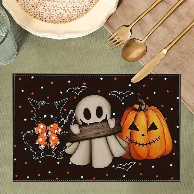 VIKAMA 4-teiliges Halloween-Tischset Set mit schwarzer Katze und Geist in Schwarz - Bild 1