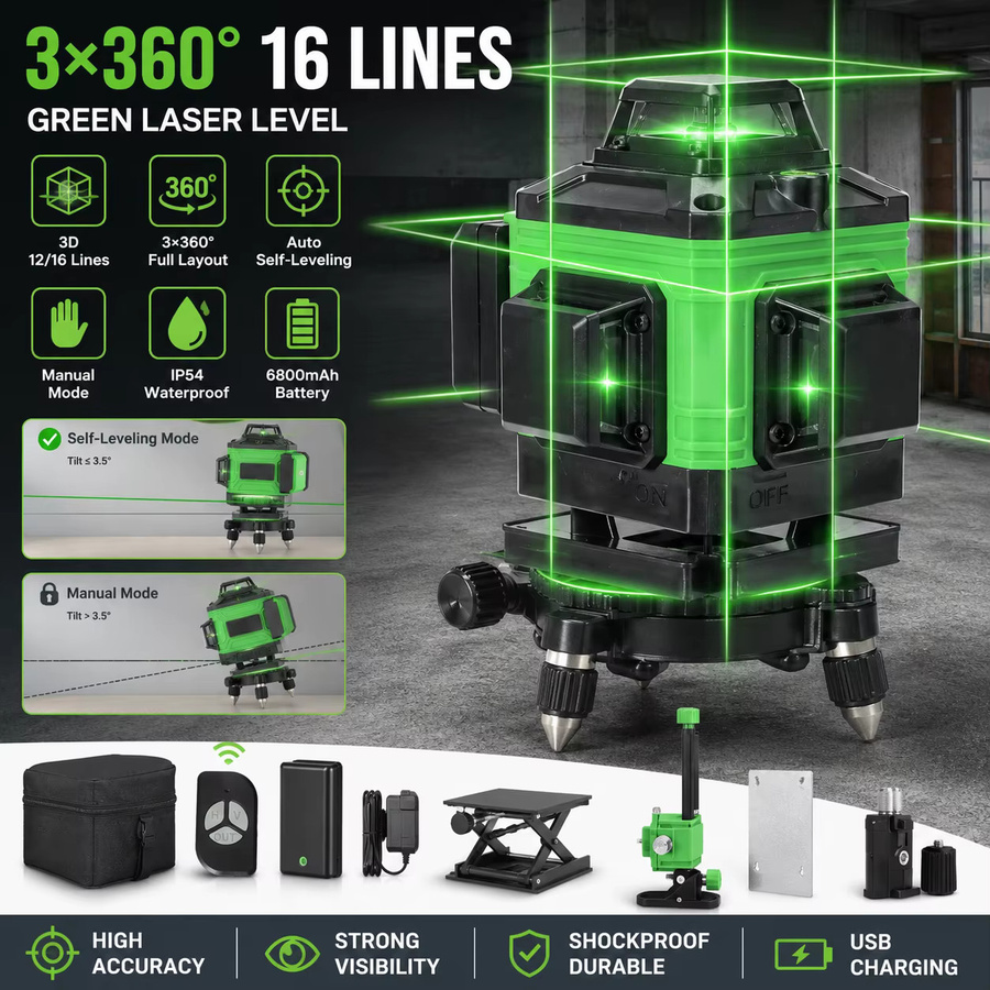 4D 16-Linien Grüner Laser-Nivellierer mit 3x360 Grad und automatischer Selbstnivellierung, USB-aufladbar - Bild 2