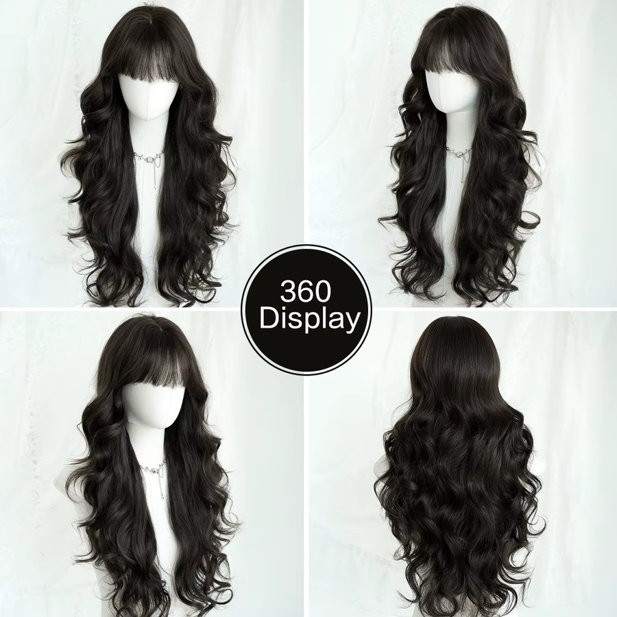 7JHH WIGS Perücke für Damen, lange gewellte Kunsthaarperücke, dunkelbraun, schwarze Teefarbe, mit Pony - Bild 3
