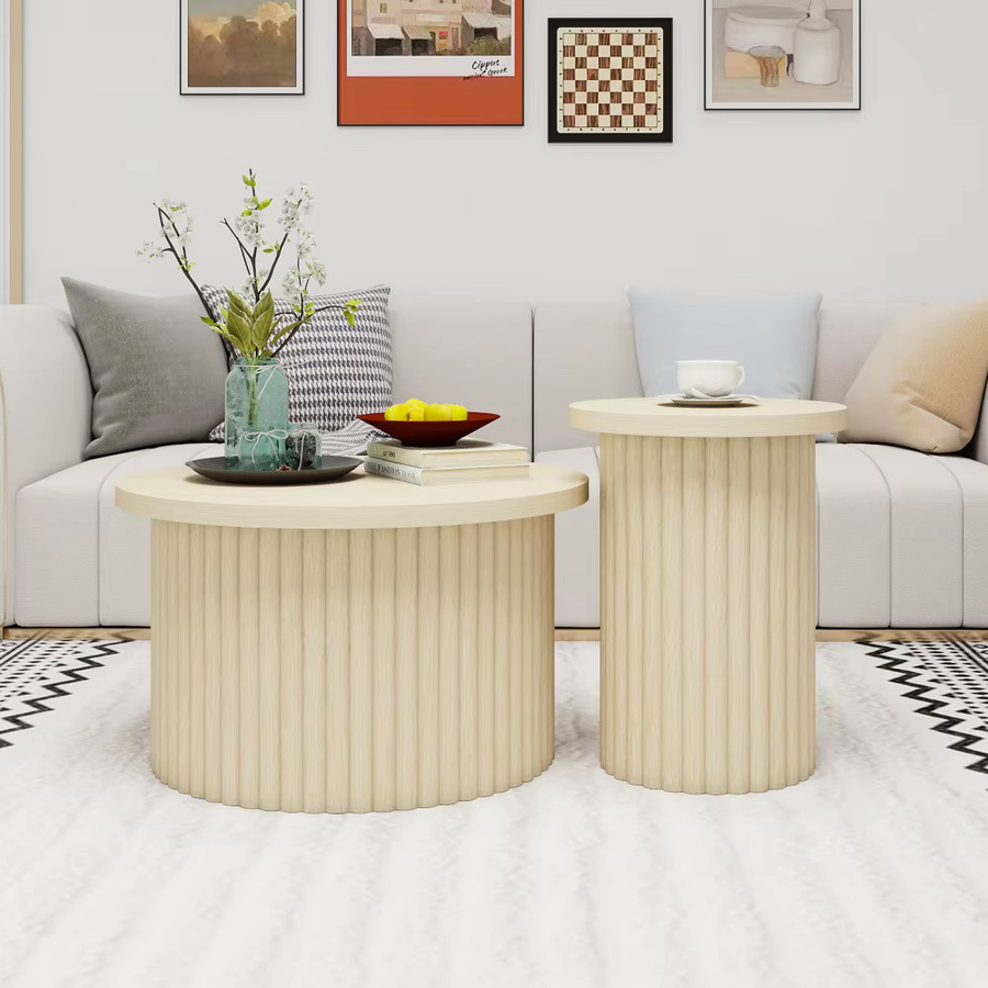 Ye 2-teiliges rundes Couchtisch-Set in Braun und Beige mit Wellenstruktur und Holz-Look für dein Wohnzimmer, Schlafzimmer oder Home-Office - Bild 2