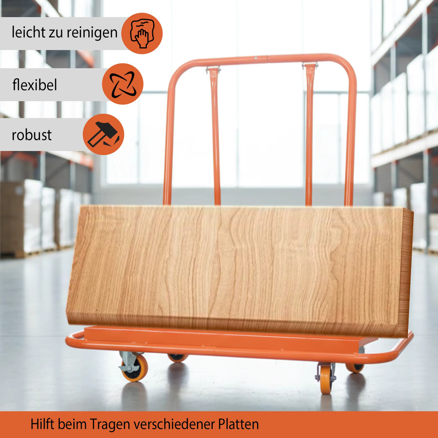 Schwerlast-Trockenbauplatten-Transportwagen aus Stahl in Orange, B/T/H: 116 x 57 x 114 cm - Bild 4