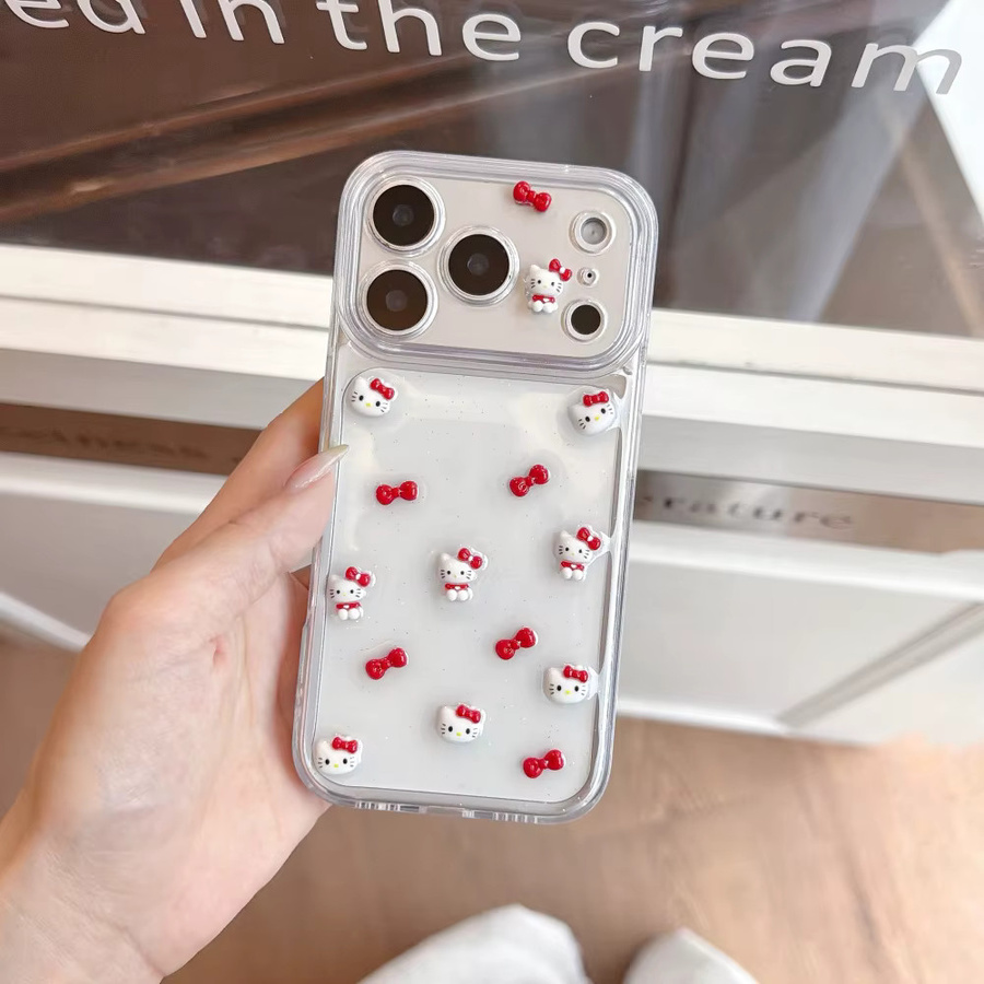 Sanrio Hello Kitty Handyhülle mit transparentem 3D Glitzer-Schleifen-Design für iPhone 17 Pro Max, 16, 15 und 14, stoßfeste Schutzhülle in Rot und Transparent - Bild 2