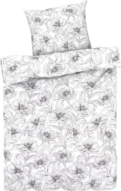 LIVARNO HOME Bettwäsche Edel-Renforcé aus Baumwolle, Blumenmuster, Weiß/Grün, B/H: 135 x 200 cm mit Kopfkissenbezug 80 x 80 cm - Bild 1