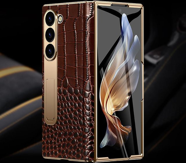 Magnetische Leder-Handyhülle mit Scharnier-Schutz und Ständer für Samsung Galaxy Z Fold 7 6 5 4 3 in Braun - Bild 1