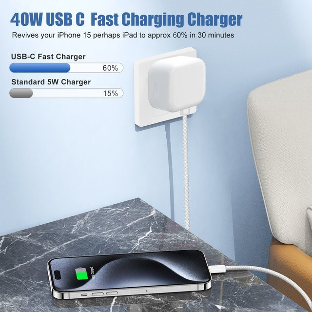 Keai 40W PD-Ladegerät mit USB-C-Kabel in Weiß für Apple iPhone 11 12 13 14 15 16 17 Pro Max und Air - Bild 1
