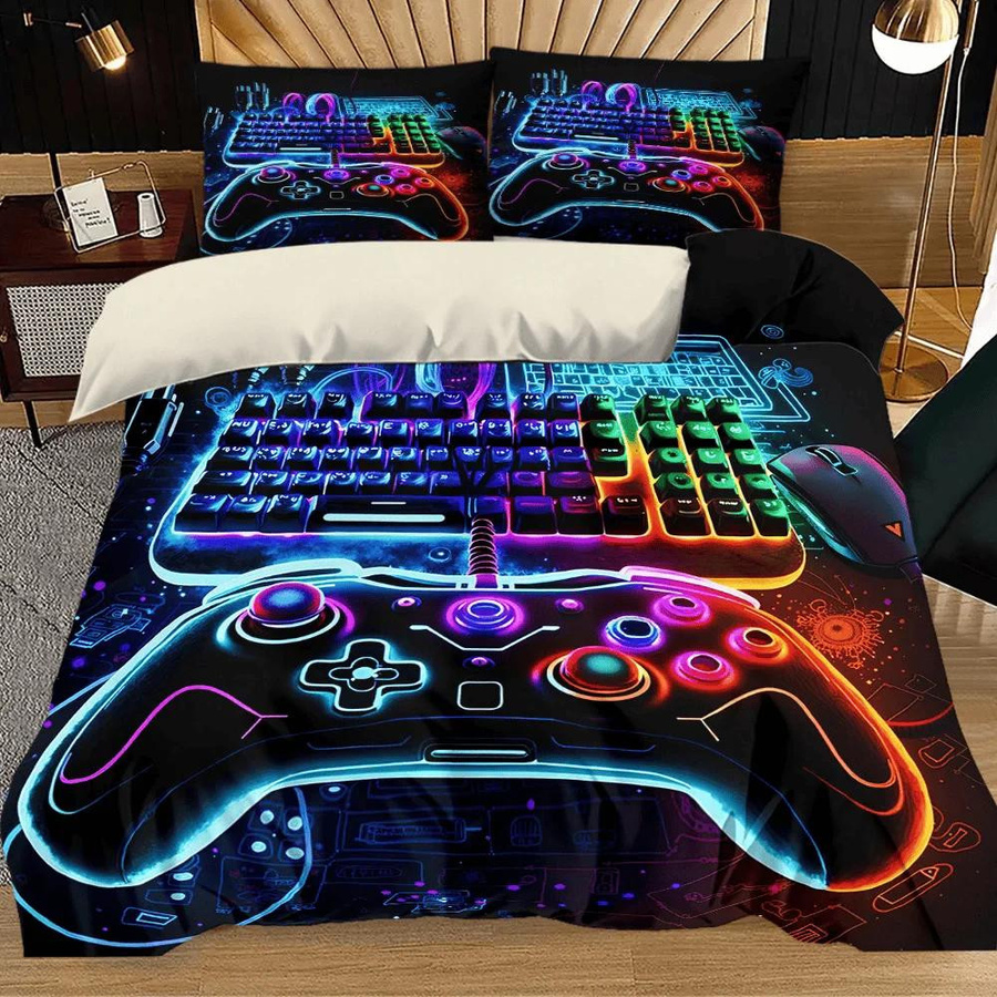 3-teiliges Quilt-Set Practical Home Decor mit Neon Game Controller Print in Multicolour, bestehend aus 1 Bettbezug und 2 Kissenbezügen, B/H: 135 x 200 cm - Bild 3