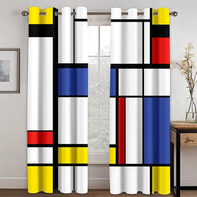 2-teiliges 3D-Vorhangset mit modernem abstrakten geometrischem Design in Rubin, Schwarz und Weiß, halbtransparent, mit Ösen, Breite: 120 cm, Höhe: 270 cm - Bild 1