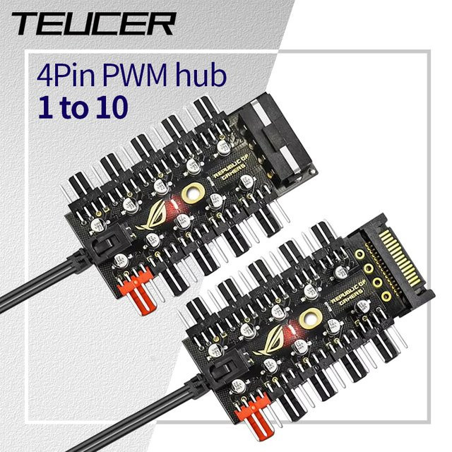 Teucer PC-Lüfter-Hub 1 zu 10 PWM Splitter mit SATA-Anschluss in Schwarz - Bild 1