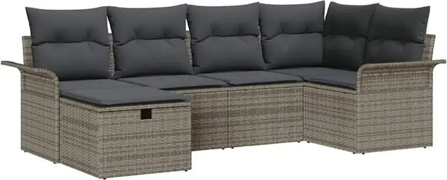 vidaXL Garten-Sofa-Set aus Polyrattan in Grau, 6-teilige L-Shape Lounge-Garnitur mit Polsterkissen und integriertem Stauraum - Bild 1