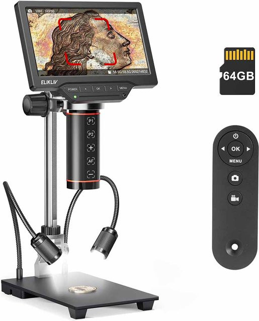 Elikliv EM3K-AF 7'' Autofokus Digitalmikroskop 2000X 3K HDMI Lötmikroskop für Elektronikreparatur mit 10 Zoll Ständer in Schwarz inklusive 64 GB Speicher - Bild 1