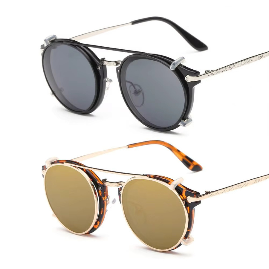 Steampunk-Klappsonnenbrille, Vollrand, Rund, Metall, Schwarz - Bild 1