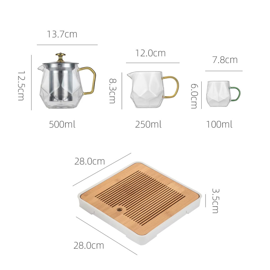 WENZHE Kung-Fu Tee-Set aus Glas mit Diamantmuster, Teekanne mit Edelstahl-Filter und 6 Tassen inklusive Teetablett, transparent - Bild 2
