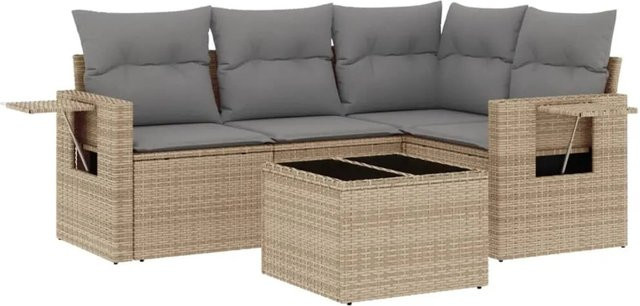 vidaXL 5-tlg. Garten-Sofagarnitur in L-Form aus Poly-Rattan mit Kissen in Beige-Grau - Bild 1