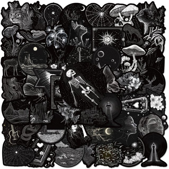 50 Stück Gothic Totenkopf Aufkleber von Rui Di in Schwarz-Weiß, wasserfeste DIY Sticker für Scrapbooking, Handy und Skateboard - Bild 1