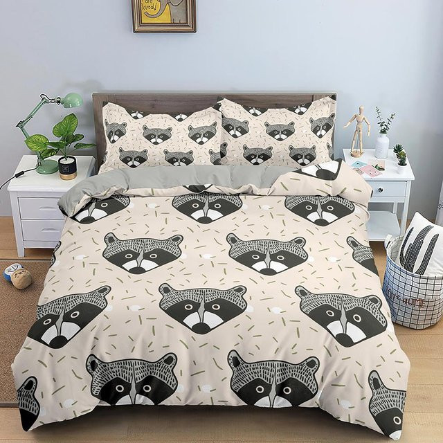 Waschbär Bettbezug Set mit Wildtier-Motiv von Binchi Fitness in Grau, Schwarz und Beige aus Polyester für Kinder, B/H: 140 x 210 cm - Bild 1
