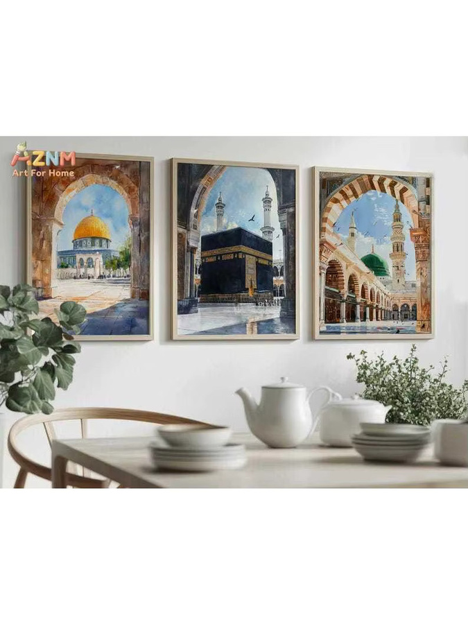 AZNM Aquarell Leinwandgemälde Islamische Heilige Stätten Kaaba Felsendom Prophetenmoschee Mehrfarbig Ungerahmt - Bild 3