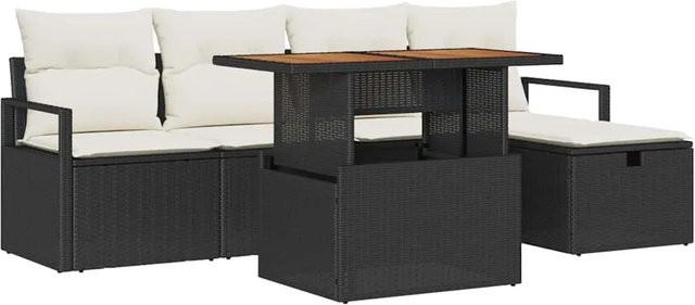 vidaXL Garten-Sofa-Set aus Polyrattan in Schwarz und Beige mit Kissen, 6-teiliges L-Shape Lounge-Set für Garten, Balkon und Terrasse - Bild 1