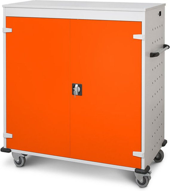rotstahl Laptopwagen mit 30 Fächern, Korpus lichtgrau und orangefarbenen Türen, B: 92 cm, H: 131 cm - Bild 1