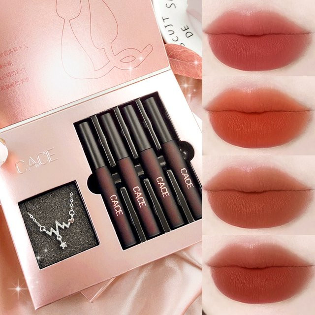 CACE Lipgloss-Make-up-Set, 4-teilig, mattrot, flüssiger Lippenstift - Bild 1