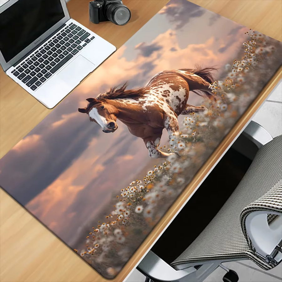 Mauspad mit Sonnenuntergang, Wildpferderennen und weißem Gänseblümchen-Design in Multicolour und Weiß, rutschfeste Gummibasis, verdickt und langlebig für Gaming und Büro - Bild 3