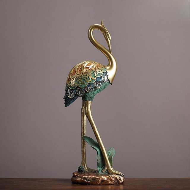Yiran Furniture Bemalter Kran aus Harz als dekorative Figur in Gold für dein Zuhause - Bild 1