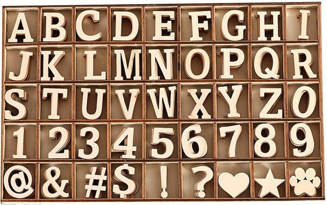 270 Stück Holz-Alphabet-Buchstaben und Holzzahlen in Gelb, Mini-Rohlinge mit Symbolen wie Herz, Stern und Pfote zur Gestaltung, Größe: 2,5 cm - Bild 1