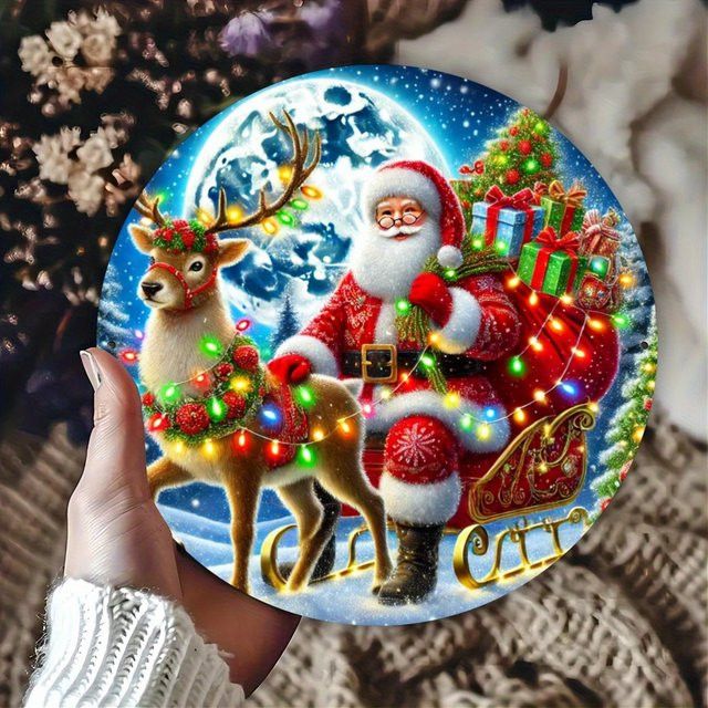 Rundes Metallschild Potdemiel mit Weihnachts-Rentier-Szene in Multicolor, Durchmesser: 20,3 cm - Bild 1