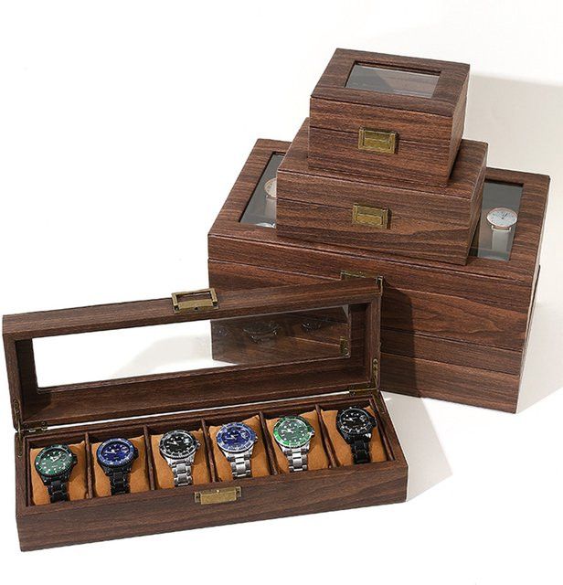 OAKCHARM Retro Uhrenbox aus PU-Leder in Holzmaserung als Organizer und Display für deine Uhrensammlung - Bild 1