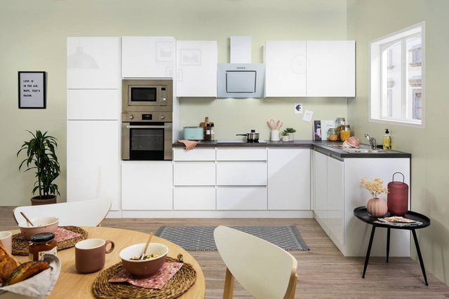 Respekta Küchenblock Premium weiß hochglänzend in Granit-Optik mit Soft-Close-Türen und Schubladen B/H/T: 345 x 220,5 x 172 cm - Bild 1