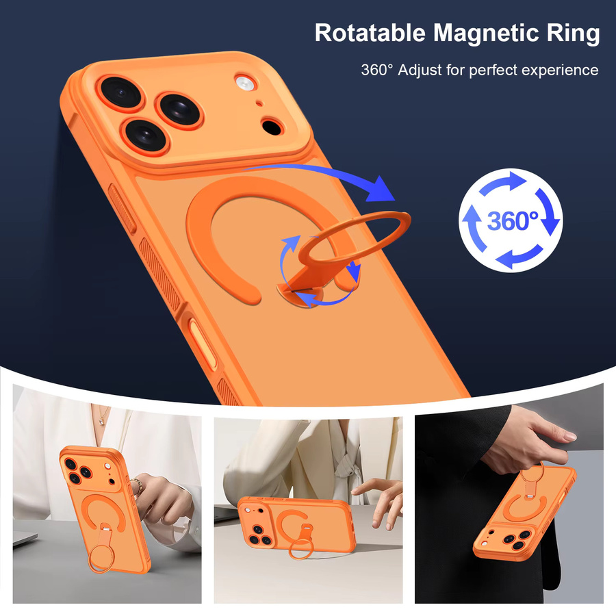 Magnetische MagSafe Handyhülle mit 360 Grad drehbarer Ringhalterung für iPhone, Mattes Cover in Weiß und Orange - Bild 3