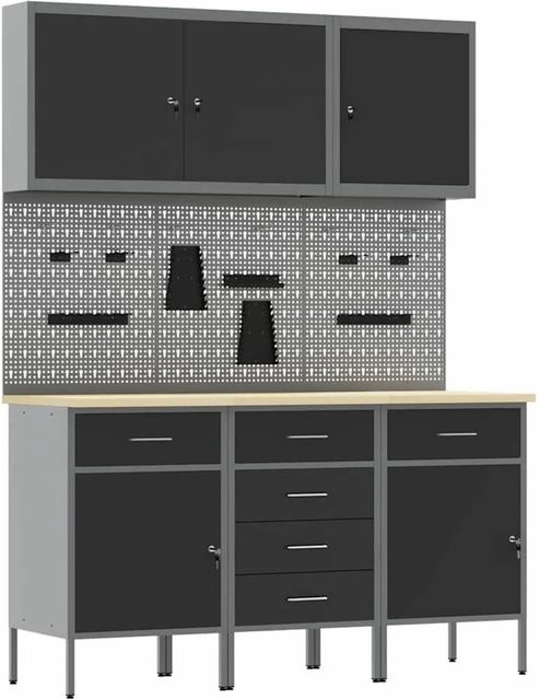 vidaXL Werkbank mit 8 Teilen und Schubladen in Schwarz aus Holz und Stahl mit Pegboard - Bild 1