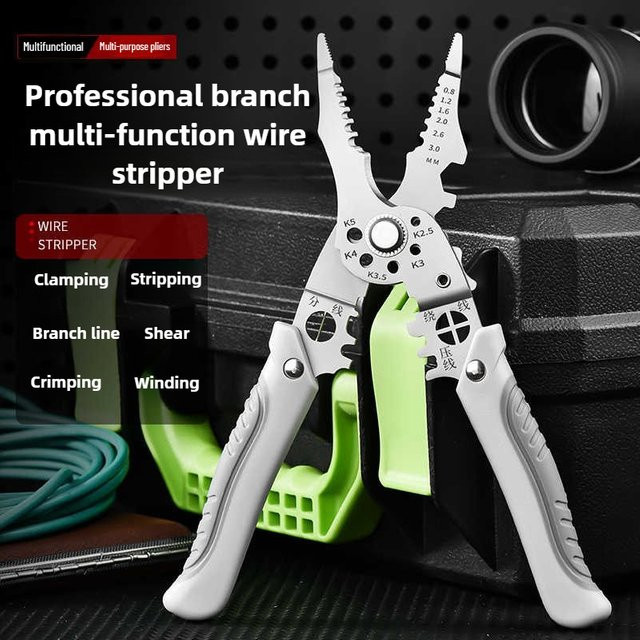 Multitool-Zange zum Abisolieren und Crimpen von Drähten, professionelles Elektriker-Werkzeugset mit Drahtschneider und Kabelabisolierer in Schwarz und Silber - Bild 1