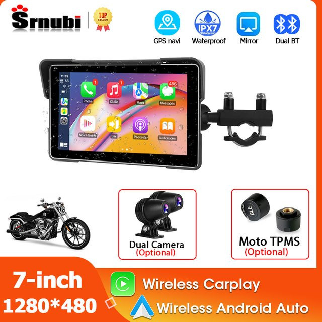 Srnubi 7-Zoll Motorrad DVR mit 1080P Full HD, Wireless CarPlay und Android Auto Navigation sowie GPS und externem Moto TPMS Sensor in Schwarz - Bild 1