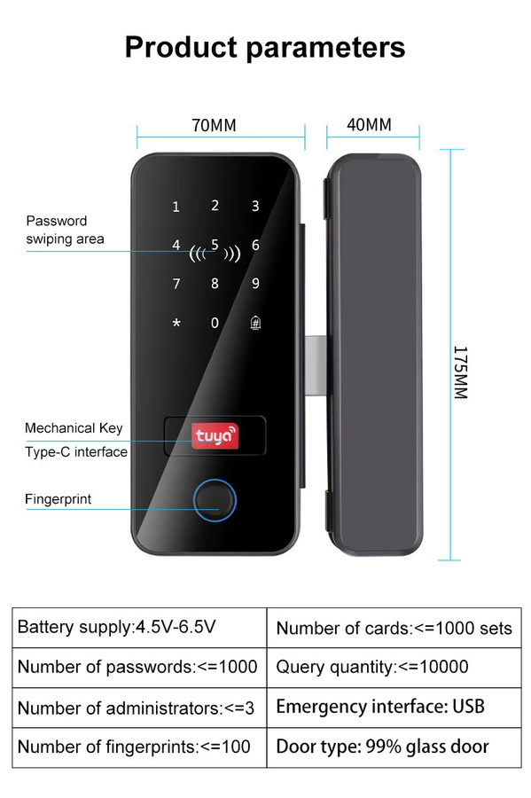 LUCKING DOOR Biometrisches Fingerabdruck-Schloss für Glastüren in Schwarz mit Tuya App, Bluetooth, IC RFID und Fernbedienung - Bild 5