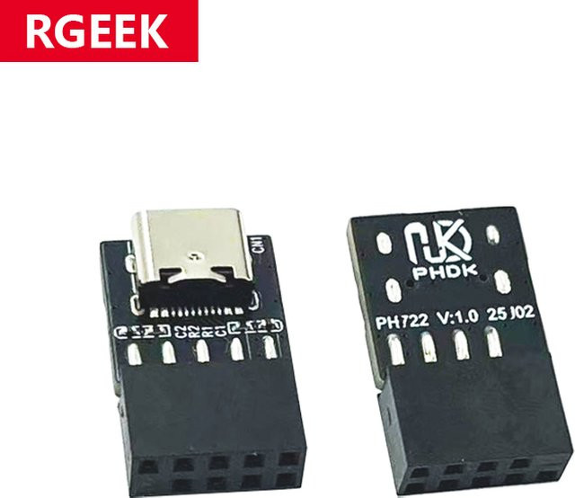 RGeek USB-C-Adapter Riser-Karte: USB 2.0 9/10-Pin Interner Motherboard-Anschluss auf USB-C Typ-Konverter für Desktop-PC, Schwarz - Bild 1
