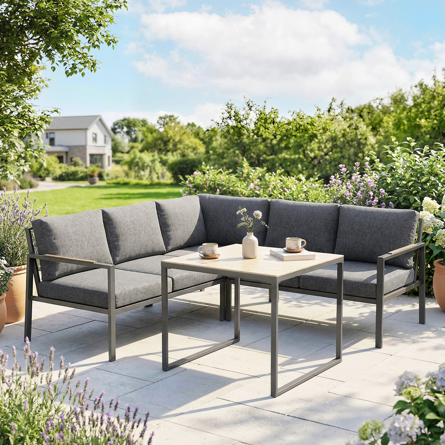 Outsunny Outdoor-Lounge 3-teilig für 5 Personen mit Couchtisch und Glasplatte, L-Shape Sofa-Set für Garten, Balkon und Terrasse, Anthrazit/Grau - Bild 2