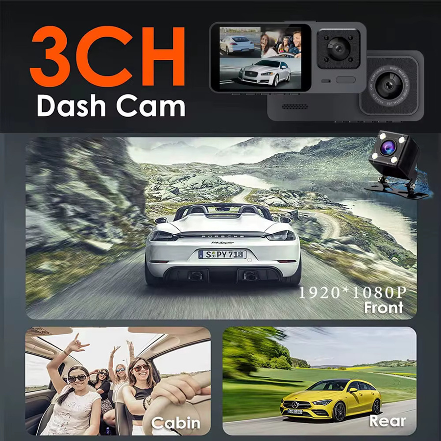 Maxtoss 3-Kanal Dashcam Full HD 1080P mit Innenfahrzeugkamera in Schwarz - Bild 3