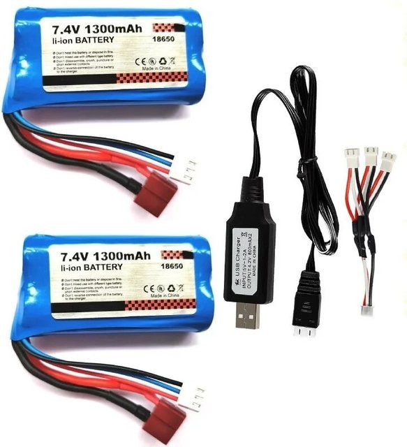 Ewellsold Li-Ion Akku 7,4 V 1300 mAh mit USB-C für 1/16 R/C Autos, Blau - Bild 1